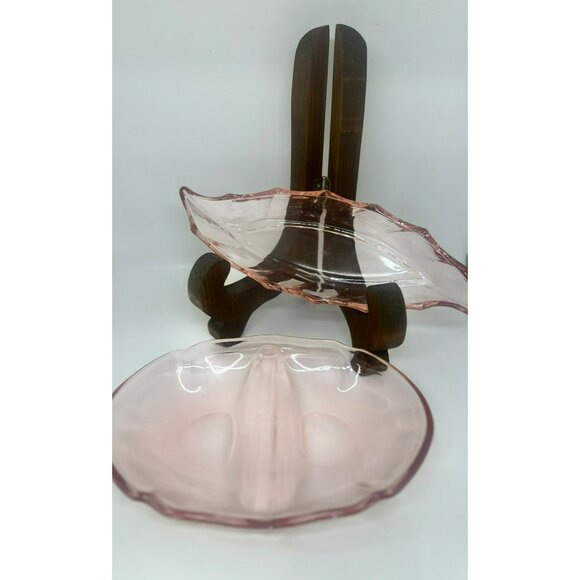 VTG Pink Depression Glass Divided Relish Dish & Leaf-Shaped Serving Tray Set - Picture 1 of 9